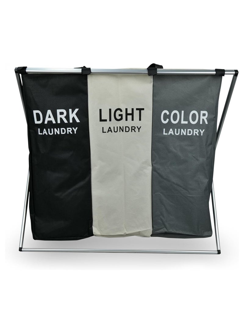 HOME DWELL Three-Grid Aluminum Frame Laundry Bag - 60 x 40 x 58 cm for Multi-Compartment Organization  - Image 3