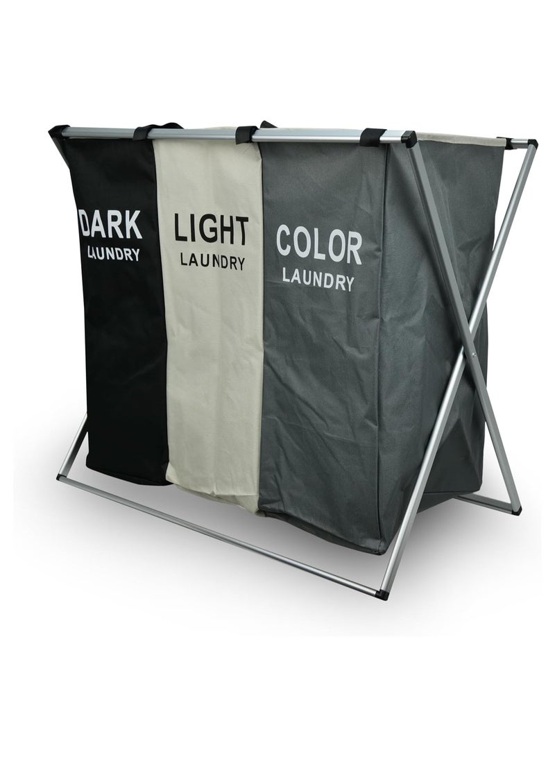 HOME DWELL Three-Grid Aluminum Frame Laundry Bag - 60 x 40 x 58 cm for Multi-Compartment Organization  - Image 1