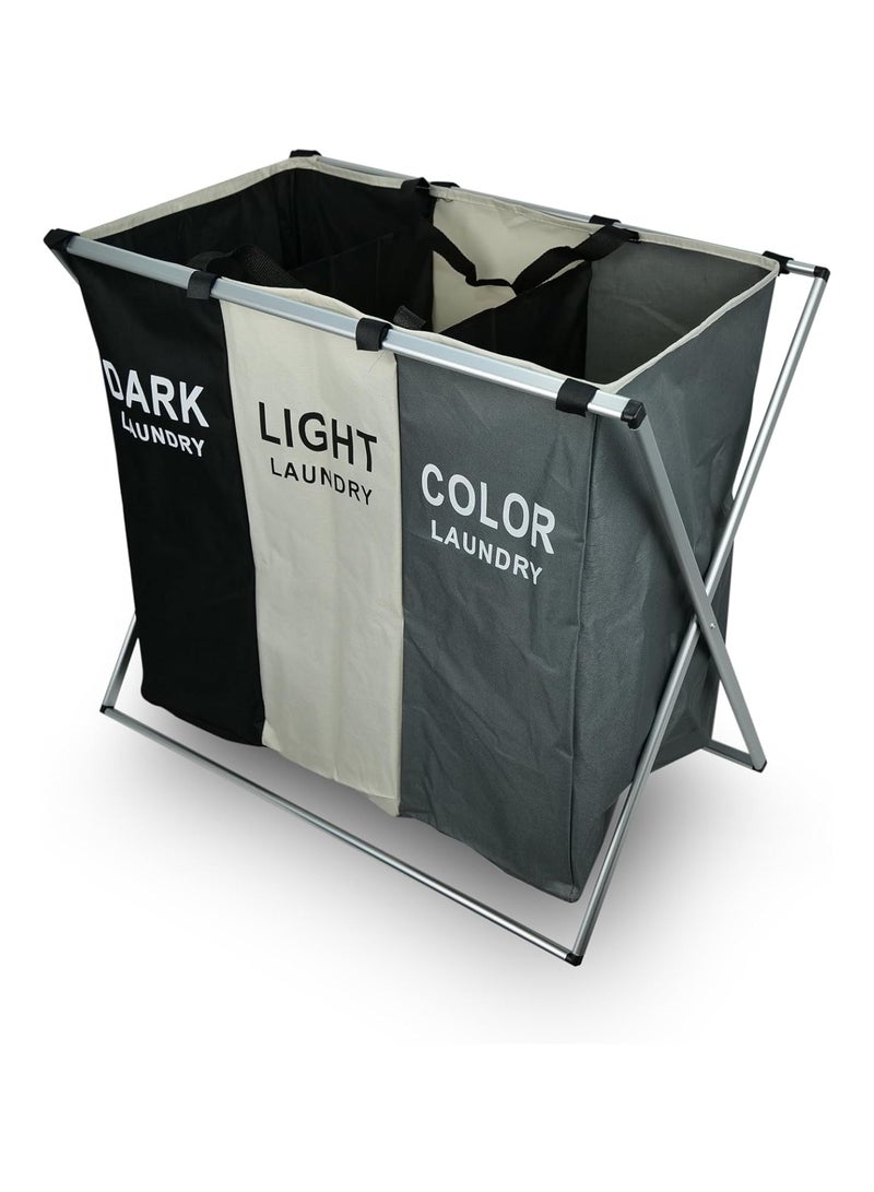 HOME DWELL Three-Grid Aluminum Frame Laundry Bag - 60 x 40 x 58 cm for Multi-Compartment Organization  - Image 2