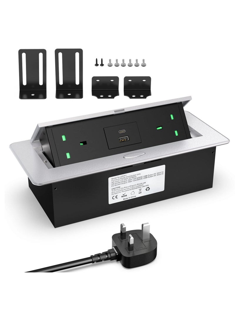 مقبس طاقة مدمج مع USB C PD20W، مقبس طاقة مكتبي مع USB، مقبس منبثق مدمج من الألومنيوم لسطح العمل المكتبي، كابل 1.8 متر، ألومنيوم (3250 واط/13 أمبير) - Image 1