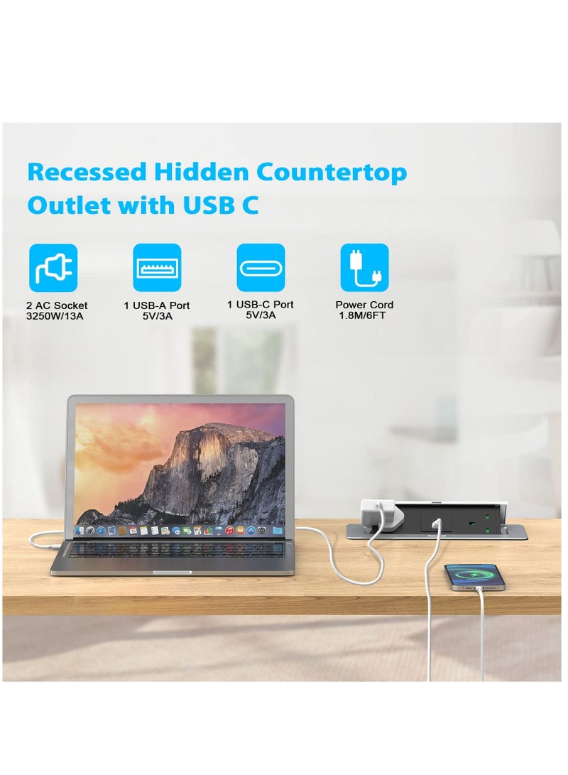 مقبس طاقة مدمج مع USB C PD20W، مقبس طاقة مكتبي مع USB، مقبس منبثق مدمج من الألومنيوم لسطح العمل المكتبي، كابل 1.8 متر، ألومنيوم (3250 واط/13 أمبير) - Image 3