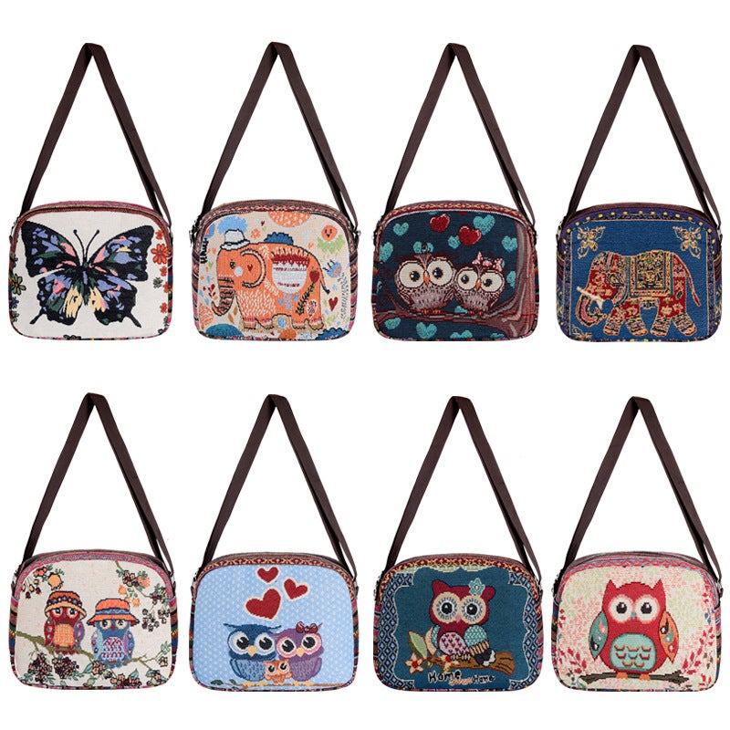 Ethnic-Style Crossbody Bag Double-Sided Embroidered Canvas Bag Women'S Cute Embroidered Elephant Owl Shoulder Bag - Image 3