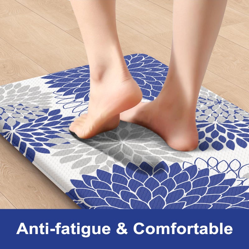 Collive Anti Fatigue Kitchen Mats 2PCS,Boho Dahlia Kitchen Rugs Non Slip Rubber Backing, Farmhouse Waterproof Kitchen Mat for Floor,Cushioned Standing Mat for Kitchen,Laundry,Sink,Desk,Blue - Image 2
