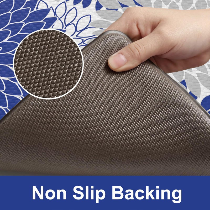 Collive Anti Fatigue Kitchen Mats 2PCS,Boho Dahlia Kitchen Rugs Non Slip Rubber Backing, Farmhouse Waterproof Kitchen Mat for Floor,Cushioned Standing Mat for Kitchen,Laundry,Sink,Desk,Blue - Image 4