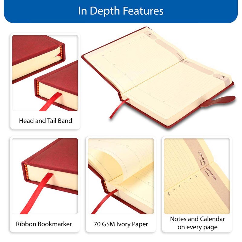 FIS 2026 Agenda Diary, 170x240mm, 1 Side Padded & Sewn Italian PU Cover, Round Corner with Strap Closure, 1 Day a Page Format, English, 70gsm Italian Ivory Paper, Maroon Cover - FSDI75E26MR - Image 5