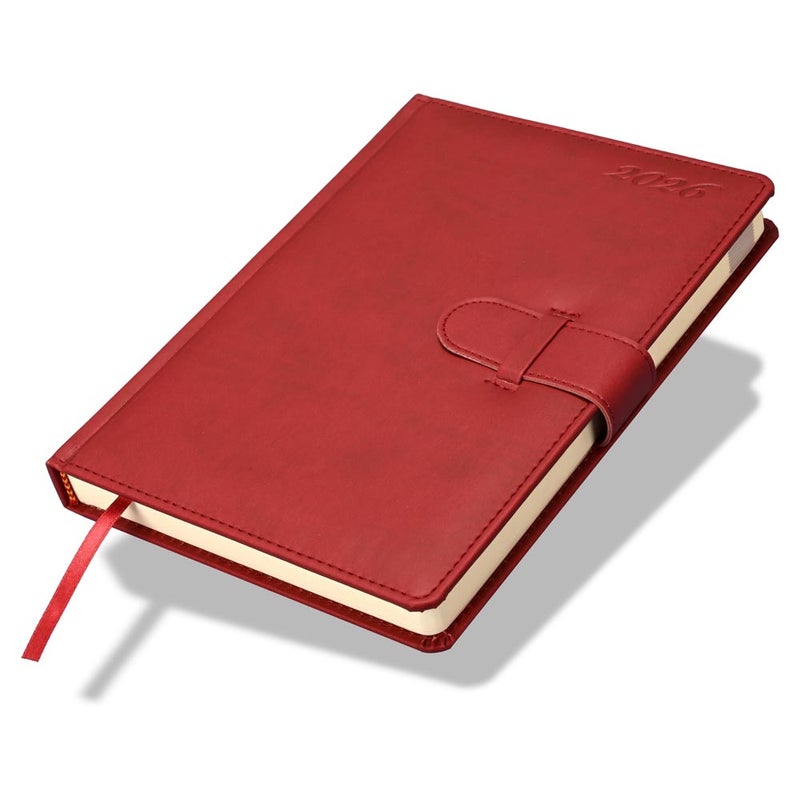 FIS 2026 Agenda Diary, 170x240mm, 1 Side Padded & Sewn Italian PU Cover, Round Corner with Strap Closure, 1 Day a Page Format, English, 70gsm Italian Ivory Paper, Maroon Cover - FSDI75E26MR - Image 1