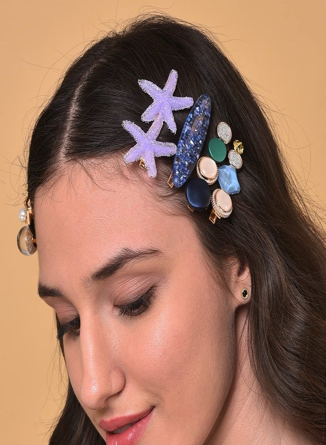 SOHI Pack of 7 Gold Plated Designer Stone Pearl Hair Pin - Image 3