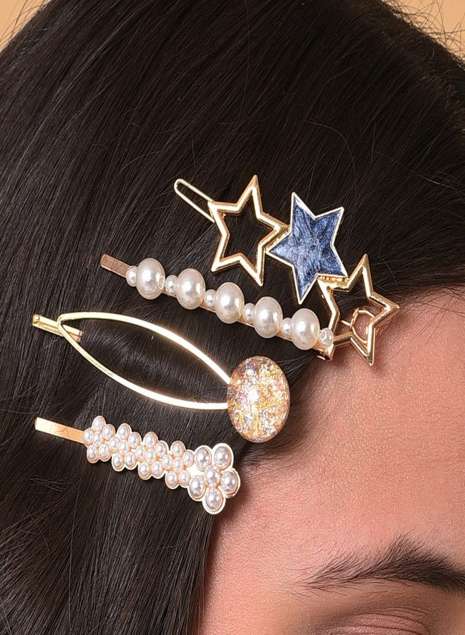 SOHI Pack of 7 Gold Plated Designer Stone Pearl Hair Pin - Image 4