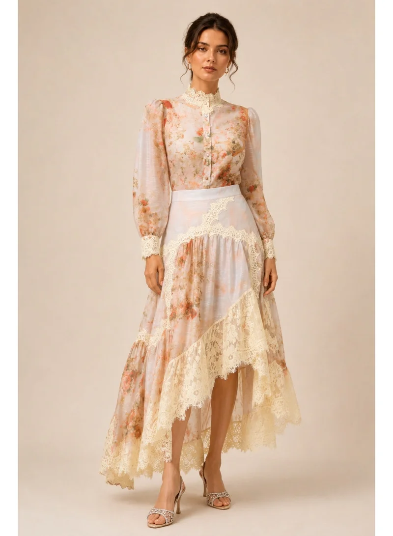 2Trendy Women's Beige Blouse with Front Buttons, Lace Collar, Puff Sleeves and Floral Print