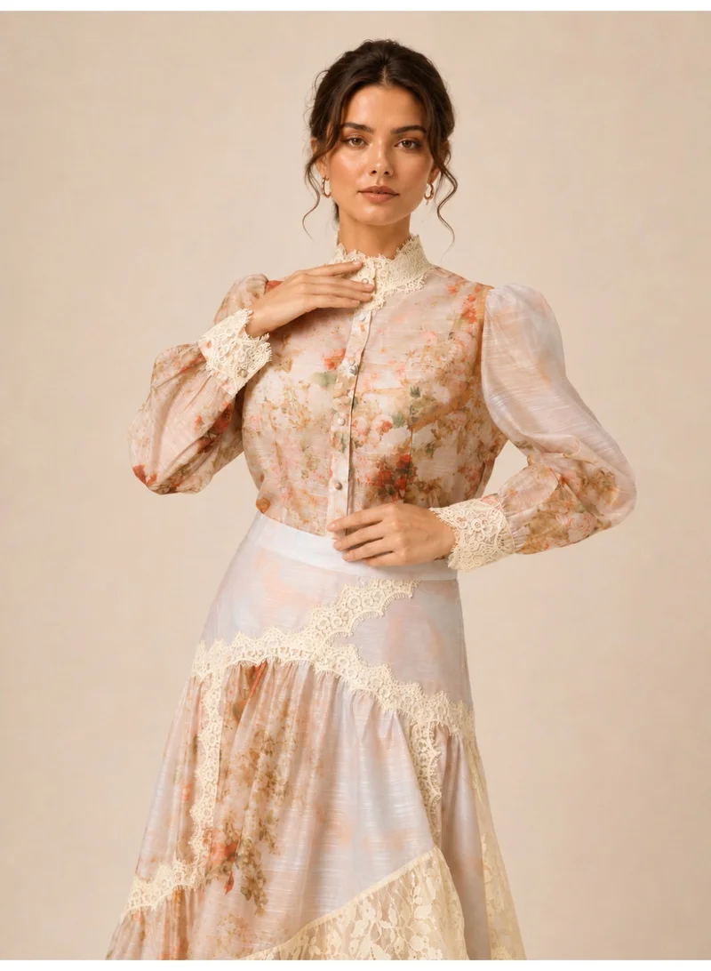 2Trendy Women's Beige Blouse with Front Buttons, Lace Collar, Puff Sleeves and Floral Print