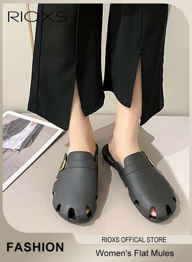 RIOXS Women's Flat Mules, Classic Sandals with Rounded Toe and Buckle Detail, Fashionable Comfortable Slippers, Slip-On Backless Mule Shoes, Fashionable Mule Slides with Flexible Non-slip Sole, Easy to Wear On and Off  - Image 1