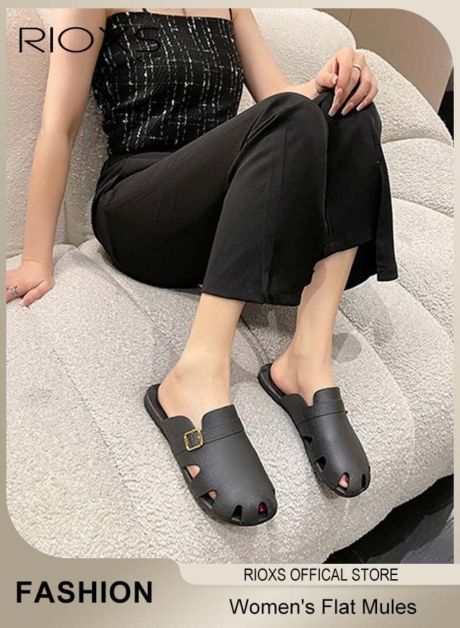 RIOXS Women's Flat Mules, Classic Sandals with Rounded Toe and Buckle Detail, Fashionable Comfortable Slippers, Slip-On Backless Mule Shoes, Fashionable Mule Slides with Flexible Non-slip Sole, Easy to Wear On and Off  - Image 4
