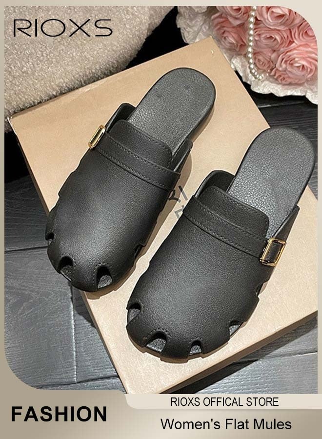 RIOXS Women's Flat Mules, Classic Sandals with Rounded Toe and Buckle Detail, Fashionable Comfortable Slippers, Slip-On Backless Mule Shoes, Fashionable Mule Slides with Flexible Non-slip Sole, Easy to Wear On and Off  - Image 3