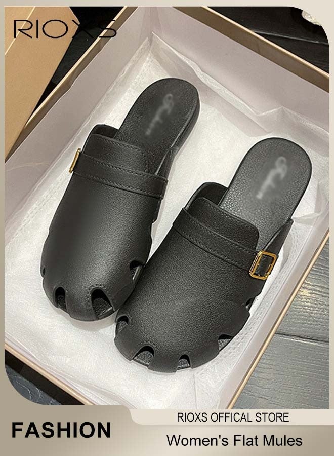RIOXS Women's Flat Mules, Classic Sandals with Rounded Toe and Buckle Detail, Fashionable Comfortable Slippers, Slip-On Backless Mule Shoes, Fashionable Mule Slides with Flexible Non-slip Sole, Easy to Wear On and Off  - Image 2