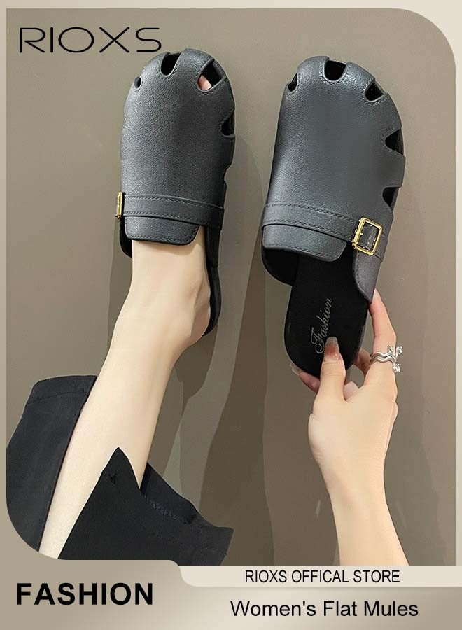 RIOXS Women's Flat Mules, Classic Sandals with Rounded Toe and Buckle Detail, Fashionable Comfortable Slippers, Slip-On Backless Mule Shoes, Fashionable Mule Slides with Flexible Non-slip Sole, Easy to Wear On and Off  - Image 5