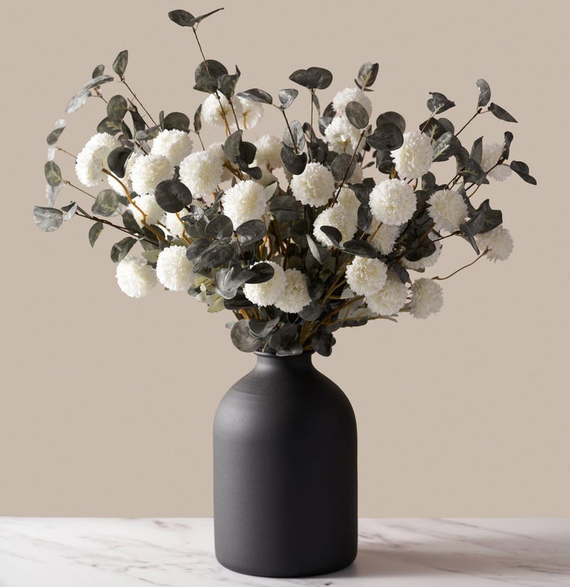 Laelfe 10 Kiku Flowers + 5 Large Eucalyptus Bunches, Silk Fake Pompon Mums (Ball Flower Stems) - Decor for Home, Wedding Filler, Centerpieces & Shower Arrangements - Image 1