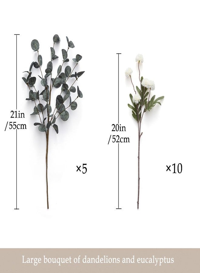Laelfe 10 Kiku Flowers + 5 Large Eucalyptus Bunches, Silk Fake Pompon Mums (Ball Flower Stems) - Decor for Home, Wedding Filler, Centerpieces & Shower Arrangements - Image 3