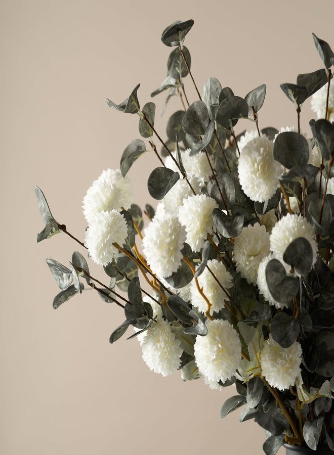 Laelfe 10 Kiku Flowers + 5 Large Eucalyptus Bunches, Silk Fake Pompon Mums (Ball Flower Stems) - Decor for Home, Wedding Filler, Centerpieces & Shower Arrangements - Image 4