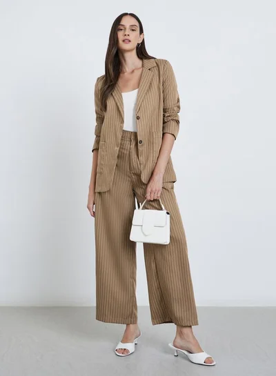 Styli Tan Pinstripe Wide Leg Pants