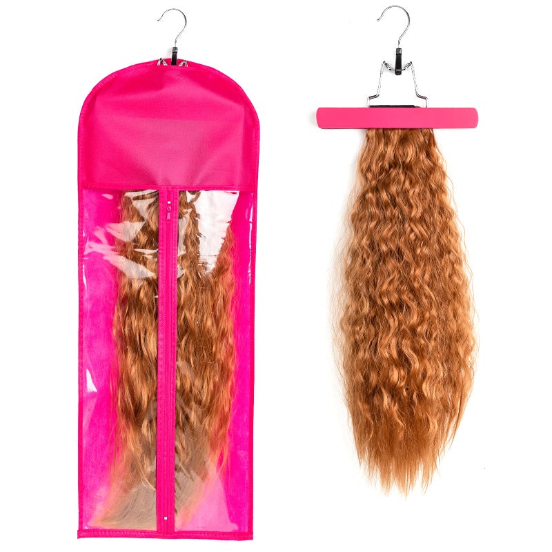 1 Pack Extra Long Hair Extension Holder Wig Storage Bag with Hanger Hairpieces Ponytail Bundles Storage Carrier Case for Store Style Hair Travel Hair Extensions Bag Pink Color