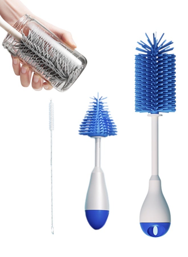 Bottle Cleaning Set - A 3-piece kit designed for thorough cleaning of bottles, featuring a large brush, a small brush, and a specialized straw cleaner for hard-to-reach areas - Blue - Image 1