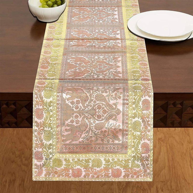 E - Ezra EEZRA White Gold Long Silk Table Runner for Dinning Table 4 6 Seater 60 by 16 in - Image 3