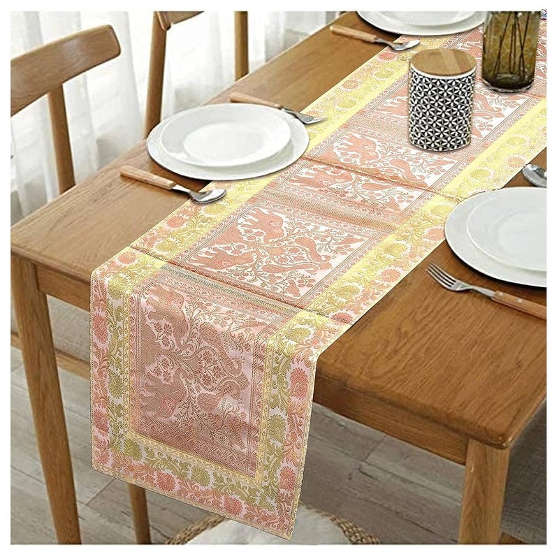 E - Ezra EEZRA White Gold Long Silk Table Runner for Dinning Table 4 6 Seater 60 by 16 in - Image 1