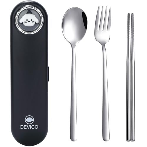 DEVICO Travel Utensils with Case Cute, Reusable Silverware for Lunch, Portable Cutlery Set, 18/8 Stainless Steel Fork Spoon Chopsticks in Cartoon Case, Dishwasher Safe (Black) - Image 1
