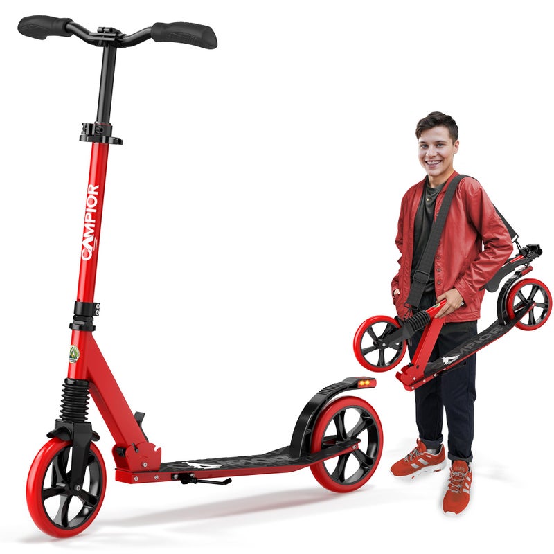 Campior Kick Scooter for Ages 6+, for Kids, Teens, and Adults, Max Load 240 LBS, Foldable, 8-inch Big Wheels for Kids and Adults, with Kickstand, 3 Adjustable Levels, Child Safety Approved, Red - Image 1