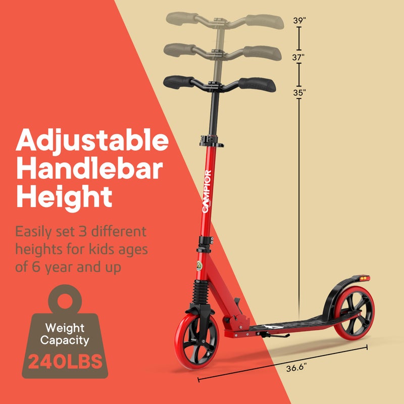Campior Kick Scooter for Ages 6+, for Kids, Teens, and Adults, Max Load 240 LBS, Foldable, 8-inch Big Wheels for Kids and Adults, with Kickstand, 3 Adjustable Levels, Child Safety Approved, Red - Image 3