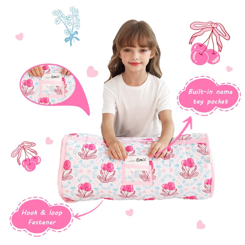 Lasoftan Toddler Nap Mat with Pillow and Blanket, Extra Large Rolled Napping Mats,Slumber Bags for Boys Girls,Kids Sleeping Bag for Daycare, 21" x 50" Preschool Travel Camping - Bow Cherry - Image 3