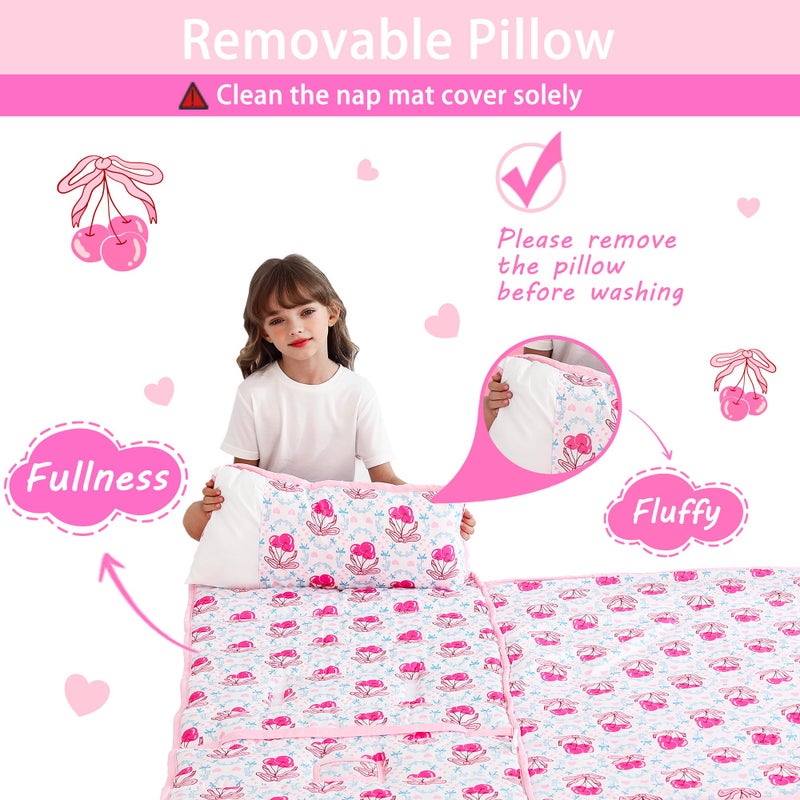 Lasoftan Toddler Nap Mat with Pillow and Blanket, Extra Large Rolled Napping Mats,Slumber Bags for Boys Girls,Kids Sleeping Bag for Daycare, 21" x 50" Preschool Travel Camping - Bow Cherry - Image 5