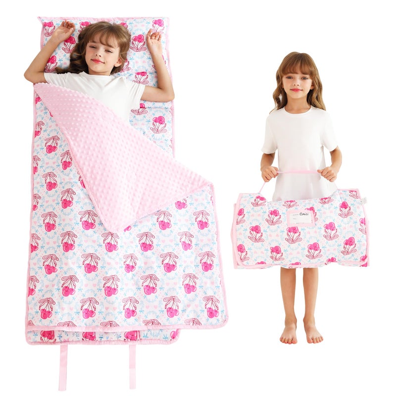 Lasoftan Toddler Nap Mat with Pillow and Blanket, Extra Large Rolled Napping Mats,Slumber Bags for Boys Girls,Kids Sleeping Bag for Daycare, 21" x 50" Preschool Travel Camping - Bow Cherry - Image 1