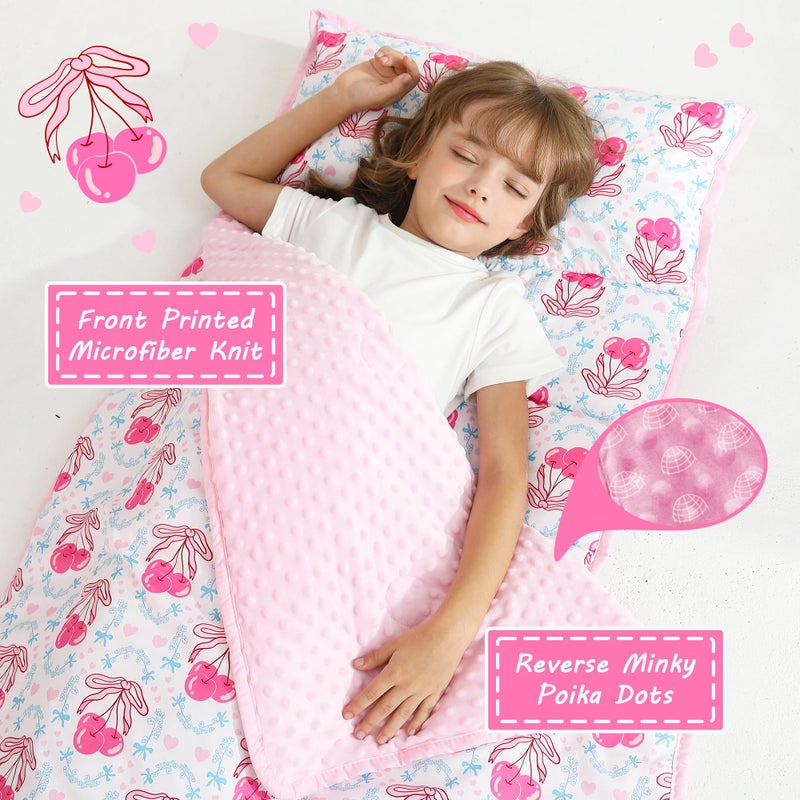 Lasoftan Toddler Nap Mat with Pillow and Blanket, Extra Large Rolled Napping Mats,Slumber Bags for Boys Girls,Kids Sleeping Bag for Daycare, 21" x 50" Preschool Travel Camping - Bow Cherry - Image 2