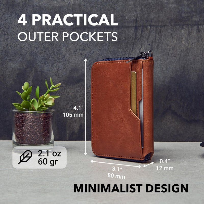 Vaultskin NOTTING HILL Minimalist Leather Zipper Wallet for Women and Men: Slim Multi Cardholder with RFID Blocking and Keychain Ring (Cognac) - Image 4