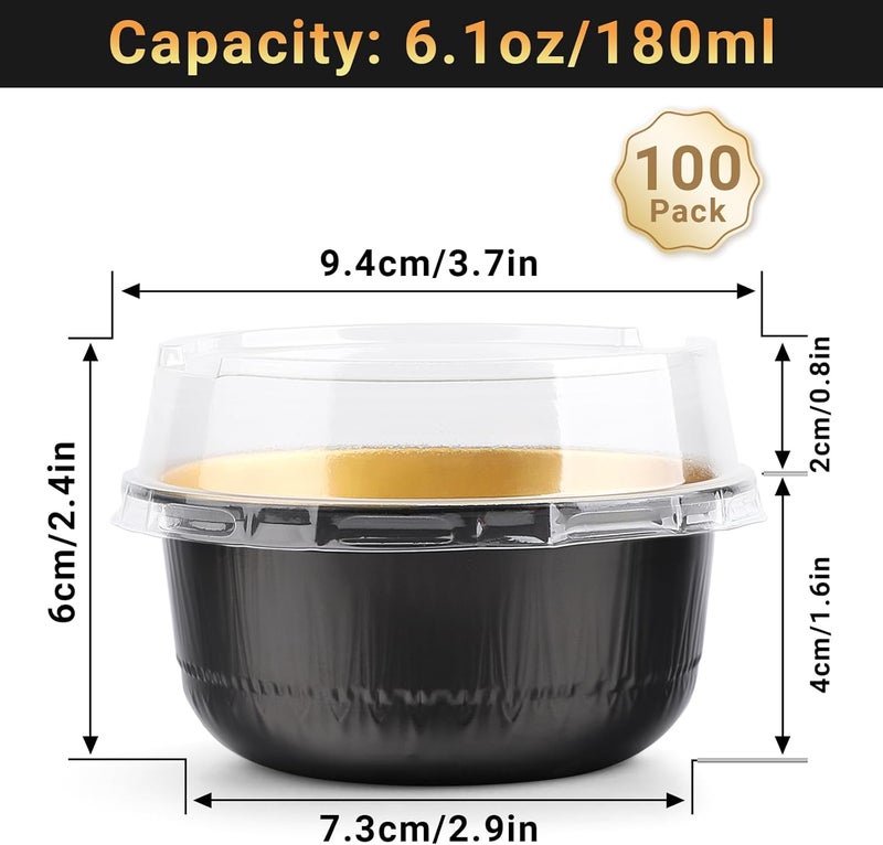 Beasea Aluminum Foil Ramekin Cups With Lids, 100 Pack 6.1oz 180ml Mini Disposable Foil Ramekins Aluminum Round Oven Baking Cupcake Cups for Party - Black Gold - Image 2