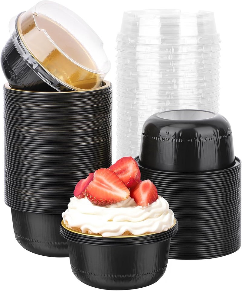 Beasea Aluminum Foil Ramekin Cups With Lids, 100 Pack 6.1oz 180ml Mini Disposable Foil Ramekins Aluminum Round Oven Baking Cupcake Cups for Party - Black Gold - Image 1