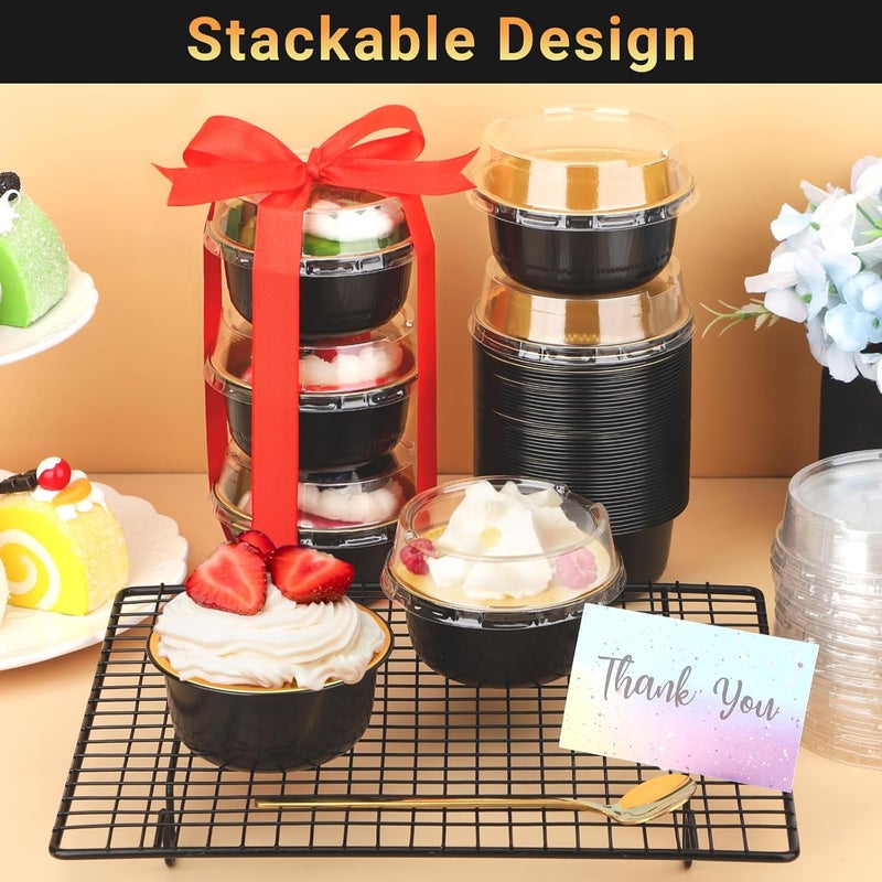 Beasea Aluminum Foil Ramekin Cups With Lids, 100 Pack 6.1oz 180ml Mini Disposable Foil Ramekins Aluminum Round Oven Baking Cupcake Cups for Party - Black Gold - Image 5