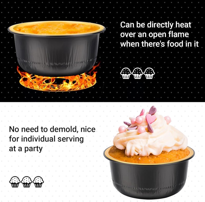 Beasea Aluminum Foil Ramekin Cups With Lids, 100 Pack 6.1oz 180ml Mini Disposable Foil Ramekins Aluminum Round Oven Baking Cupcake Cups for Party - Black Gold - Image 4