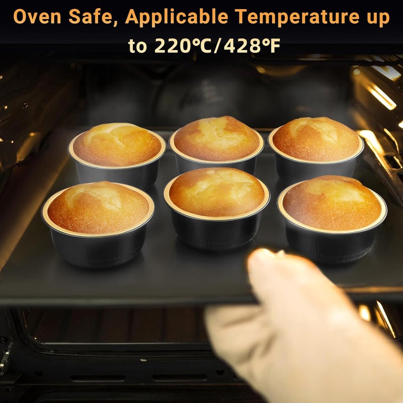 Beasea Aluminum Foil Ramekin Cups With Lids, 100 Pack 6.1oz 180ml Mini Disposable Foil Ramekins Aluminum Round Oven Baking Cupcake Cups for Party - Black Gold - Image 3