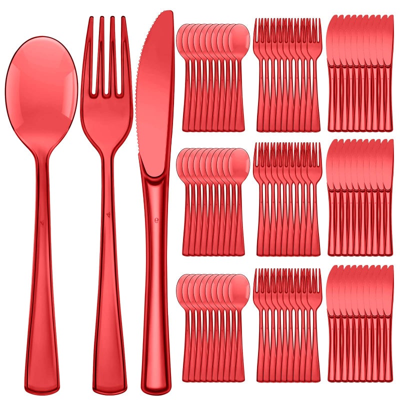 مجموعة أدوات المائدة القابلة للتصرف من مينا تي 150 قطعة أدوات مائدة بلاستيكية ثقيلة 50 شوكة 50 سكين 50 ملعقة للاستخدام المنزلي والمكتبي والمدرسي والحفلات والنزهات والمطاعم والفعاليات الخارجية باللون الأحمر