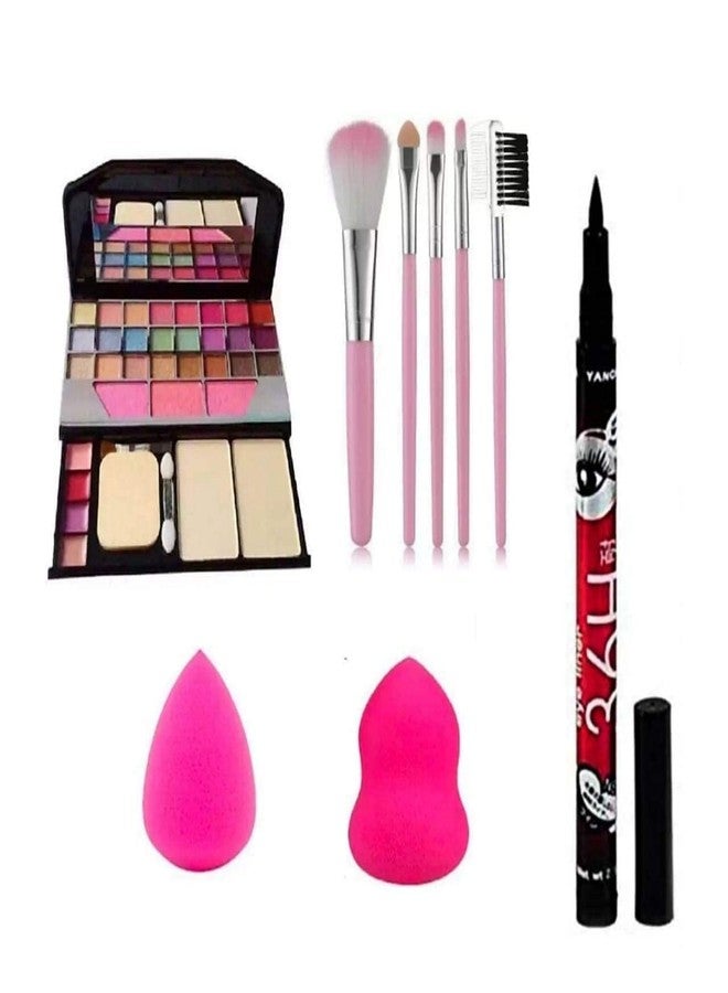 Aasakt TYA Fashion 6155 Multicolour Makeup Kit with 5 Pink Makeup Brushes Set, 36H Eyeliner and 2 Pink beauty Blenders - (Pack of 9) - Image 1