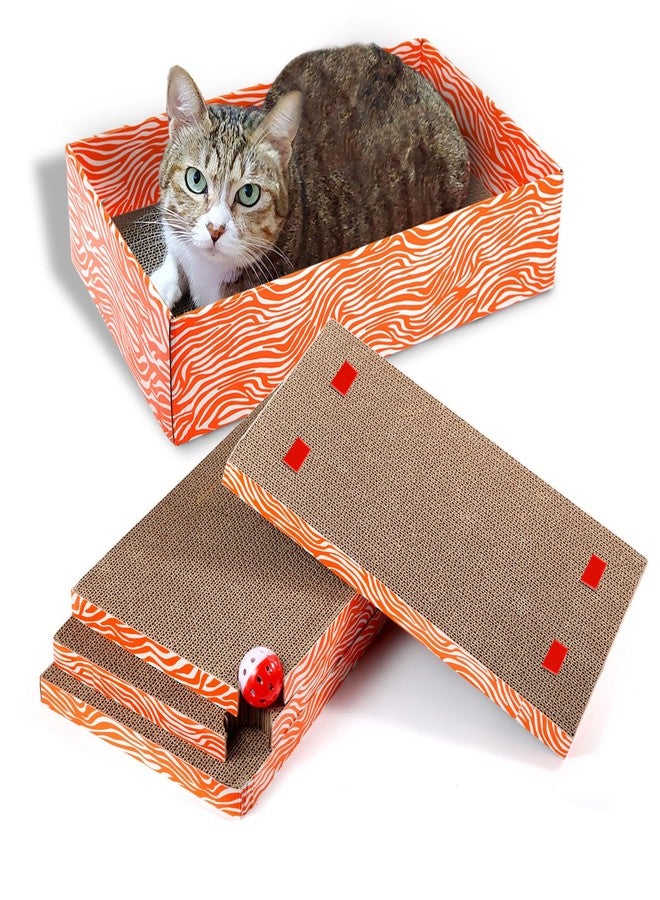 Koimsec Cat Scrather Box with 4 pcs Large Scratching Cardboard and Toy Ball, Catnip, 4 in 1 Large Refillable & Reversible Cat Scratcher Pad, Cardboard Cat Bed for Big Medium Small Lazy Kitty - Image 1