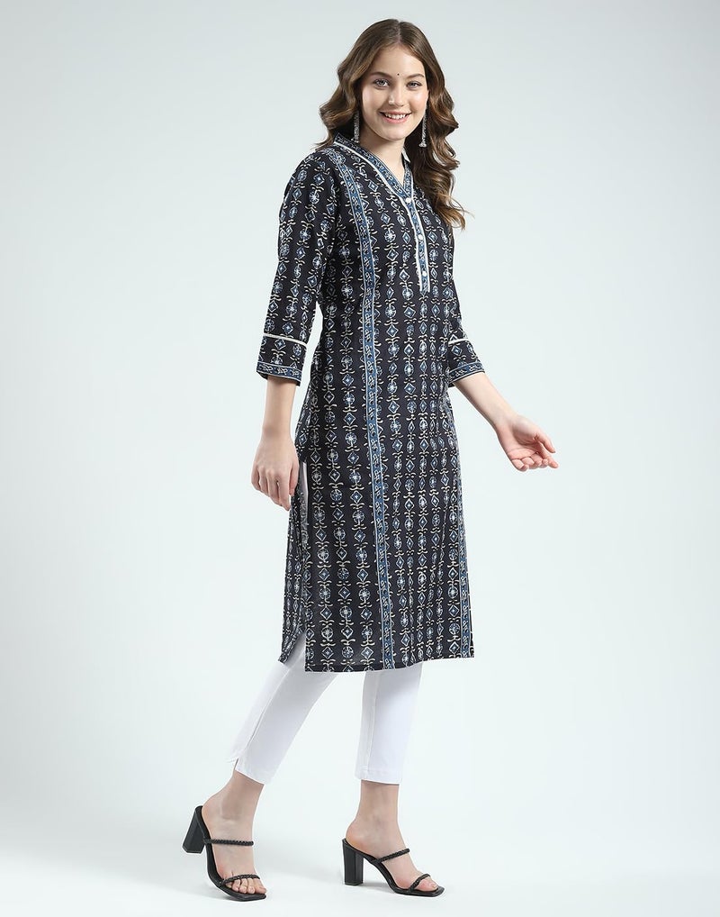 Monte Carlo Women's Regular Fit Printed V-Neck Kurti | 3/4 Sleeves with Knee Length | Ethinc Wear | Stylish & Comfortable Kurta for Women's Navy Blue XL (Pack of 1) - Image 3