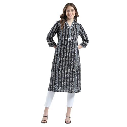 Monte Carlo Women's Regular Fit Printed V-Neck Kurti | 3/4 Sleeves with Knee Length | Ethinc Wear | Stylish & Comfortable Kurta for Women's Navy Blue XL (Pack of 1) - Image 1
