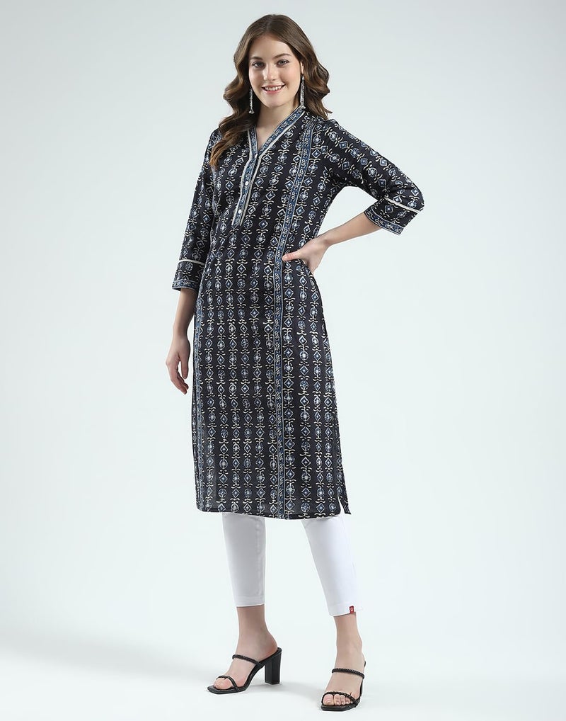 Monte Carlo Women's Regular Fit Printed V-Neck Kurti | 3/4 Sleeves with Knee Length | Ethinc Wear | Stylish & Comfortable Kurta for Women's Navy Blue XL (Pack of 1) - Image 2