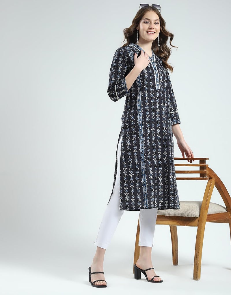 Monte Carlo Women's Regular Fit Printed V-Neck Kurti | 3/4 Sleeves with Knee Length | Ethinc Wear | Stylish & Comfortable Kurta for Women's Navy Blue XL (Pack of 1) - Image 5
