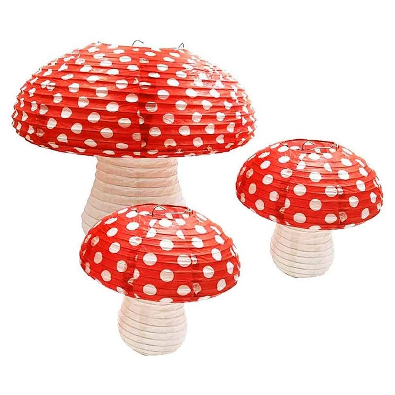 Lotus Mann 3Pcs Large Mushroom Paper Lanterns for Jungle Wonderland Themed Birthday Party Decor 3D Mushroom Ornament for Baby Shower Wedding 