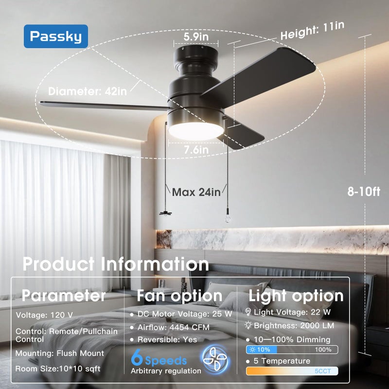 Passky Ceiling Fans with Lights, 42 inch Low Profile Ceiling Fan with Pull Chain and Remote Control, Flush Mount, Reversible, 5CCT, Dimmable, Noiseless, Black Pull Cord Ceiling Fan for Bedroom - Image 3