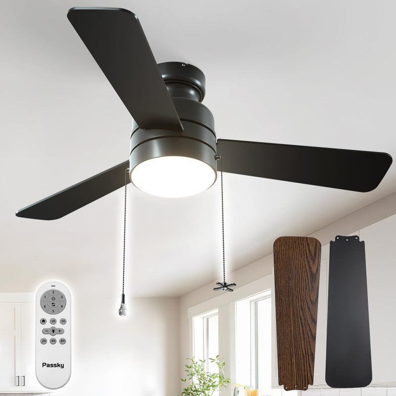 Passky Ceiling Fans with Lights, 42 inch Low Profile Ceiling Fan with Pull Chain and Remote Control, Flush Mount, Reversible, 5CCT, Dimmable, Noiseless, Black Pull Cord Ceiling Fan for Bedroom - Image 1